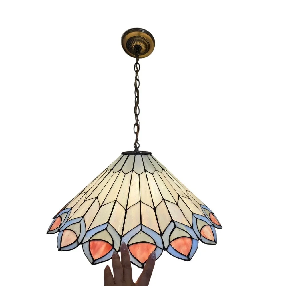 Tiffany Style Stained Glass Pendant Light Peacock Feather Slag Glass Lamp Cream